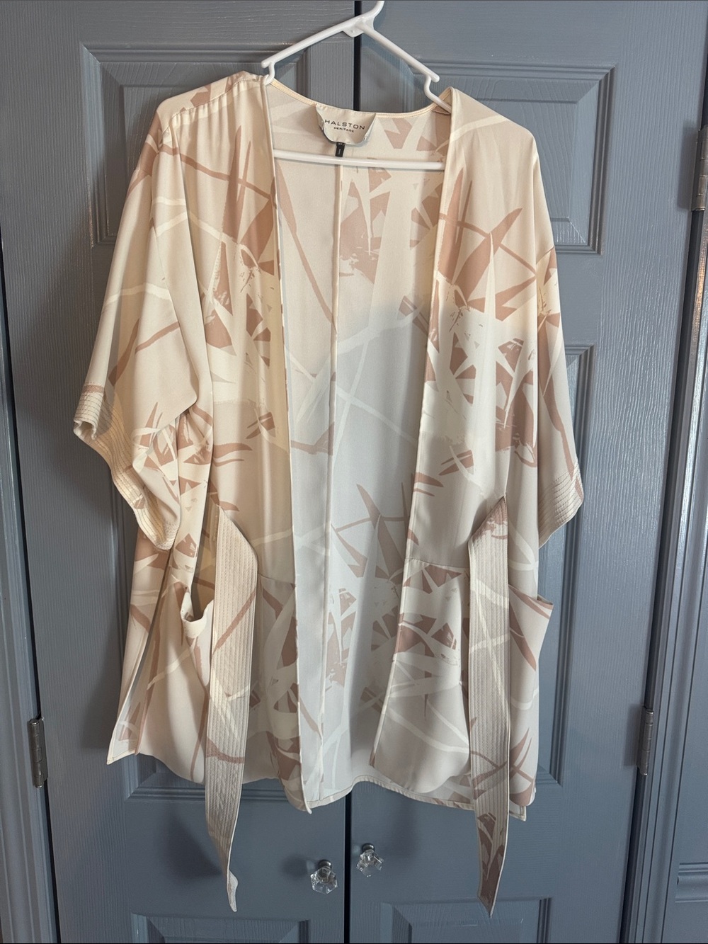 Halston Heritage Neutral Abstract Print Kimono Cardigan